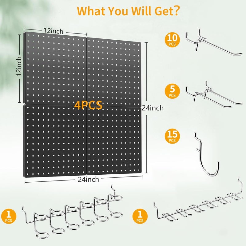 FZK Peg Board, 4 Pack Metal Pegboard Kit,Black Pegboard Wall Organizer with 32 Pcs Hooks, Peg Board for Walls Home, Garage Tool Storage, Office Organization, Kitchen, Craft Room - Image 2